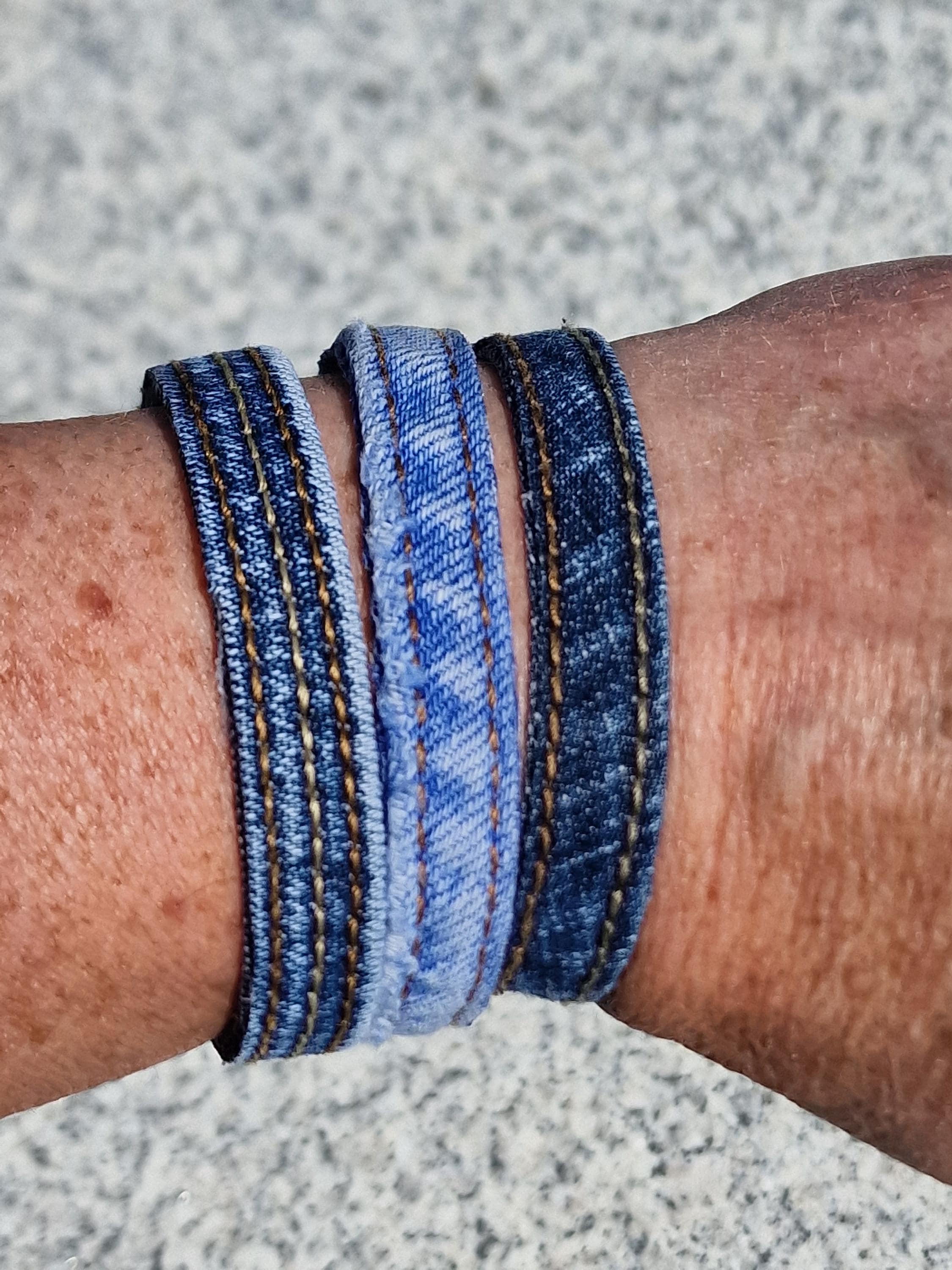 Upcycled Denim Blue Jeans Stackable Bracelet, Handmade Eco-Friendly boho Denim wristlet, Recycled fabric wrist wrap, small teen gift.