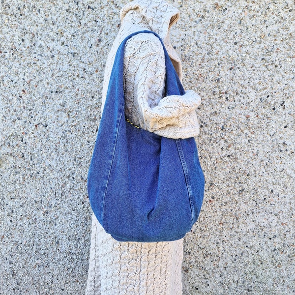Slouchy denim hobo shoulder bag, sustainable recycled blue jeans bag, casual everyday shopper, minimalist eco friendly upcycled handbag