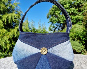 Small Denim Patchwork Top Handle Hand Bag, Upcycled Blue Jeans Handmade Grab Bag, Boho Chic Denim Accessory, Unique Womens Purse