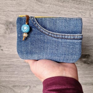 Denim Stoff Geldbörse + Bifold Geldbörse, Upcycled Münzbeutel + Kartenhalter, Reißverschlusstasche Wechselgeldbeutel, einzigartiges Teenager Geschenk, Damen Accessoire