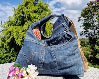 Upcycled Blue Denim Slouchy Crossbody Hobo Bag, Large Handmade Multi Pocket Handbag,