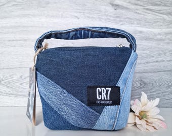 Mini Handbag - Upcycled Blue Denim Jeans Fabric Handmade Patchwork Top Handle Small Grab Bag