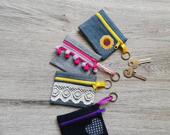 Upcycled Denim Key Ring Pouch - Perfect Little Organizer for Coins & Earbuds, Key fob coin purse,