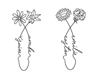May include: Line art illustration of three sets of birth flowers with names written in a cursive script. The flowers are a daisy and lily, a sunflower and carnation, and an anemone and rose. The names are Amber and Gaiver, Emilie and Layton, and Rianna and Octavio.