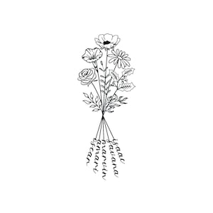 Birth Month Flower Bouquet / Birth Month Flowers Tattoo / Custom Family Birth Month Tattoo / 5 Names Bouquet Tattoo