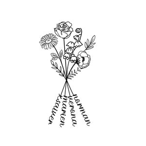 Birth Flower Bouquet with 4 Names . Family Birth Month Flower . Custom Family Birth Month Tattoo . Four Names Bouquet Tattoo . Floral SVG