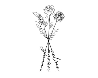 Birth Month Tattoo / Birth Month Flower Bouquet / Family Birth Month Flower / 3 Names Bouquet Tattoo / Three Flowers and Names Design