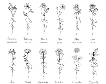 Birth Month Flower Tattoo, Birth Month Flower svg, Birthday Tattoo, Custom Name Tattoo, Floral Name Design, Digital File