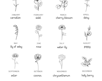 Tatuaje de flor de cumpleaños personalizado, tatuaje de flor de nacimiento, tatuaje de flor imprimible en formato SVG, dibujo lineal