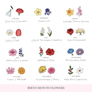Könnte beinhalten: Ein Diagramm, das die Geburtsmonatsblumen zeigt. Jeder Monat wird durch eine Blume und ihren Namen dargestellt. Januar ist das Schneeglöckchen und die Nelke, Februar ist die Veilchen und die Iris, März ist die Narzisse und die Kirschblüte, April ist die Gänseblümchen und die Tulpe, Mai ist das Maiglöckchen und die Weißdorn, Juni ist die Rose und der Geißblatt, Juli ist die Seerose und der Rittersporn, August ist die Gladiole und die Mohnblume, September ist die Winde und die Aster, Oktober ist der Kosmos und die Ringelblume, November ist die Chrysantheme und die Pfingstrose, und Dezember ist die Stechpalme und die Narzisse.