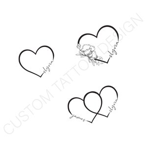 Peut inclure: Trois dessins au trait noir de cœurs avec des noms écrits à l'intérieur. Le cœur du haut contient une fleur et les noms "Sylvia" et "Sylvia". Le cœur du bas contient les noms "James" et "Sylvia".