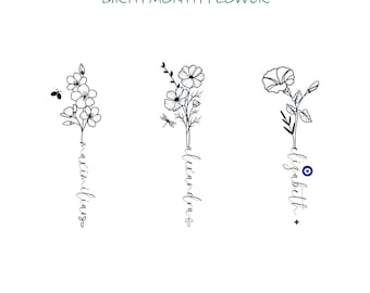 Birth Month Flower Bouquet Tattoo / Personalized Name Tattoo / Optional Butterfly, Dragonfly, Evil Eye