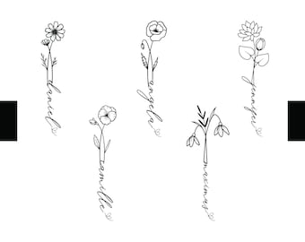 誕生月の花のタトゥー（ハートと蝶付き）、誕生月SVGバンドル、カスタム名タトゥー、花の名前デザイン、誕生日プレゼント