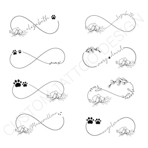 Custom Tattoo Design with Birth Month Flowers / Infinity Symbol Tattoo / Optional Handprint, Paw print, Heart