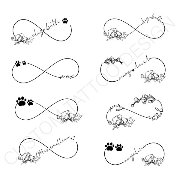 Custom Tattoo Design with Birth Month Flowers / Infinity Symbol Tattoo / Optional Handprint, Paw print, Heart