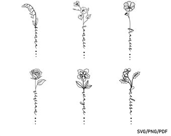 Puede incluir: Un conjunto de seis dibujos en blanco y negro de flores con el nombre del mes de nacimiento correspondiente escrito verticalmente debajo de cada flor. Las flores son: Lirio de los valles, Gloria de la mañana, Rosa, No me olvides, Guisante de olor y Jazmín.