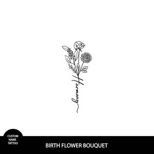 Family Birth Tattoo / Birth Month Flowers Tattoo / Custom Tattoo Design / Custom Name Design / Special Days Flowers and Name Tattoo