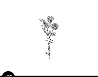 May include: A black and white line drawing of a birth flower bouquet. The bouquet includes a rose, a chrysanthemum, and other small flowers. The word "Harmony" is written vertically. The text "Birth Flower Bouquet" is at the bottom.