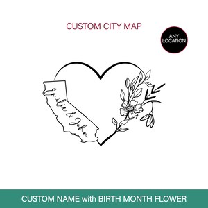 Aangepaste tatoeage stadsplan, bloemen geboortemaand, aangepast naamontwerp, harttattoo, kaart met locaties, Valentijnsdagcadeau