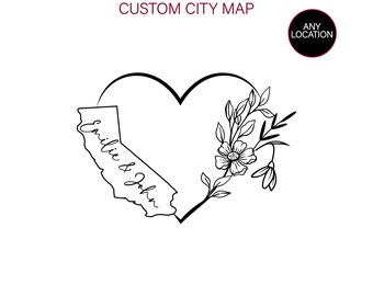 Custom City Map Tattoo, Birth Month Flowers, Custom Name Design, Heart Tattoo, Locations Map, Valentine's Day Gift