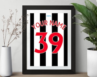 Personalised Name & Number Newcastle United Custom Football Shirt Art Print Poster Geordie NUFC Gift Idea for Him Son Birthday Fathers Day