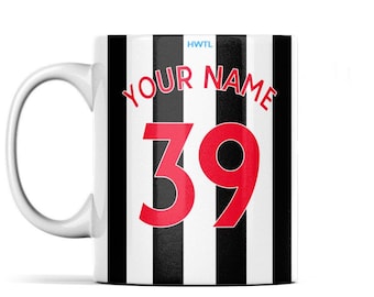 Newcastle NUFC Personalised Custom Mug Name & Number United Black and White Stripes Gift Idea for Him Son 30 40 50th 60 Birthday Fathers Day