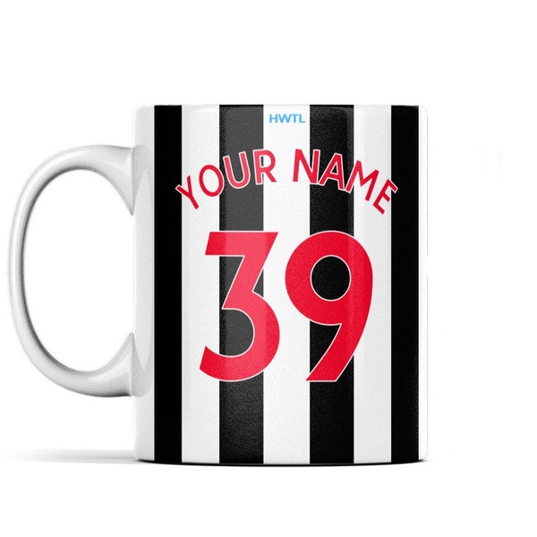 Newcastle NUFC Personalised Custom Mug Name & Number United Black and White Stripes Gift Idea for Him Son 30 40 50th 60 Birthday Fathers Day