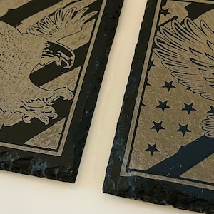 Slate Coaster set of 4 laser engraved with American flag and eagle design /square coasters with felt feet to prevent scratching