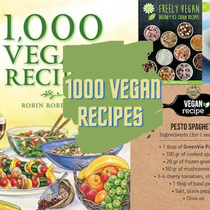 Può includere: Un collage di immagini con ricette vegane. L'immagine principale mostra una tavola imbandita con una varietà di piatti vegani, tra cui insalate, spiedini e frutta. Le altre immagini mostrano gelato vegano, pancake e una ricetta per spaghetti al pesto. Il testo "1000 Ricette Vegane" è ben visibile.