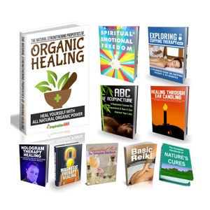 Könnte beinhalten: Eine Sammlung von Büchern über alternative Heilmethoden, darunter organische Heilung, spirituelle und emotionale Freiheit, Schröpftherapie, Akupunktur, Ohrenschmalz-Entfernung, Hologrammtherapie, Magnettherapie, ätherische Öle, Reiki und Naturheilmittel.
