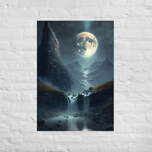 Poster Wasserfall im Mondschein