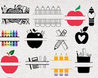May include: Twelve different teacher monogram designs featuring a split apple, pencils, crayons, a ruler, a calculator, and a pencil holder. The designs are black and white with red, yellow, and blue accents. The text "12 Teachers Monograms SVG-PNG-DXF-EPS" is at the bottom of the image.