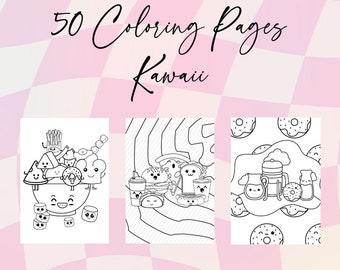 Kawaii Coloring Pages , 50 Pages, Cute Coloring Pages, Kawaii doodle pages for coloring For Kids and Adults , Digital Download