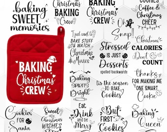 May include: A set of 18 Christmas-themed SVG and PNG files for crafting. The designs feature various baking-related phrases and sayings, including "Baking Christmas Crew", "Cookies for Santa", and "Eat Drink and be Merry".