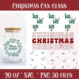 May include: A set of 30 digital files for creating Christmas-themed designs. The files include a 20 ounce glass with a green wreath and the text "Merry Christmas", a red "CHRISTMAS" text design, and a pattern of green holly leaves and stars.