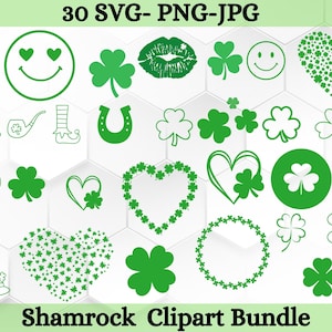 Shamrock Clipart Bundle St Patricks DayClover Leaf SVG, Shamrock SVG, Corazón svg, Día de San Patricio SVG, Irlandés svg, Trébol svg, Lucky svg