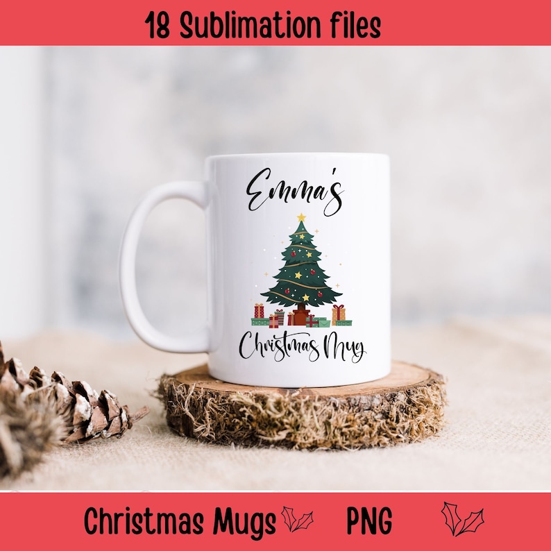 May include: White ceramic mug with a Christmas tree design and the text "Emma's Christmas Mug".