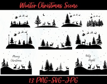 May include: A set of 13 black and white winter Christmas scene illustrations. The illustrations feature Santa Claus flying in a sleigh pulled by reindeer, snow-covered trees, and a snowman. The text "Merry Christmas" and "Holy Night" are included in some of the illustrations.