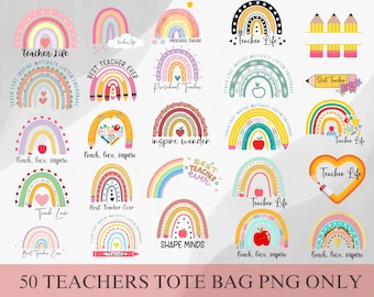 Teacher Tote Bag PNG Bundle, Teachers Quotes png, Boho Rainbow Teacher png, Funny Tote Bag Sayings, Canvas Tote Bag Sublimation PNG