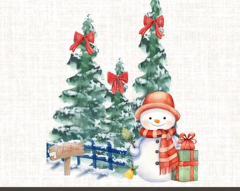 May include: A watercolor illustration featuring three snow-dusted evergreen trees decorated with red bows, a blue wooden fence with a sign reading Merry Christmas, and a snowman wearing a red hat and scarf next to a green gift box with a red bow.