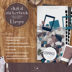 Puede incluir: Un libro de pegatinas digital para Samsung Notes con 13 páginas, PNGs precortados, navegación hipervinculada, opciones de página clara y oscura, más de 60 iconos, pegatinas funcionales y decorativas, y un libro de pegatinas hipervinculado vacío adicional. El libro de pegatinas incluye una variedad de pegatinas, incluyendo fotos, marcos y texto.