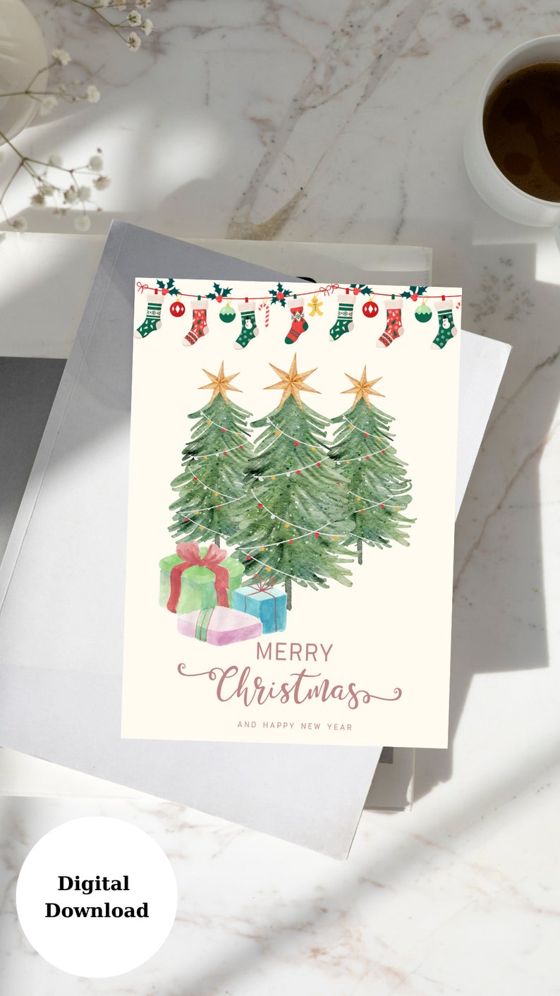 Merry Christmas Card, Christmas Card, Printable Christmas Cards, Greetings Card, Digital Download,Boho Card 画像 1