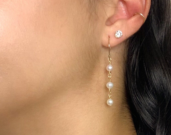 Three Tier Drop Earrings Freshwater Pearl Gold Silver