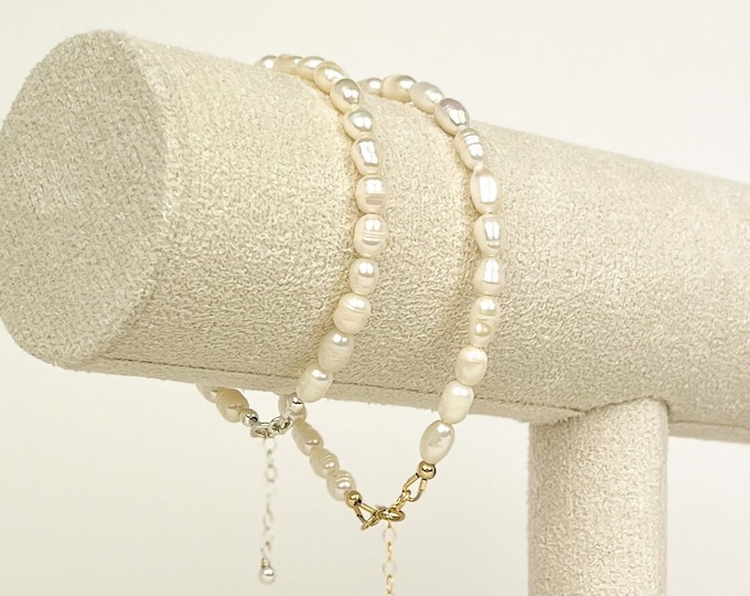 Natural Freshwater Pearl Oval Beaded Bracelet Gold Silver