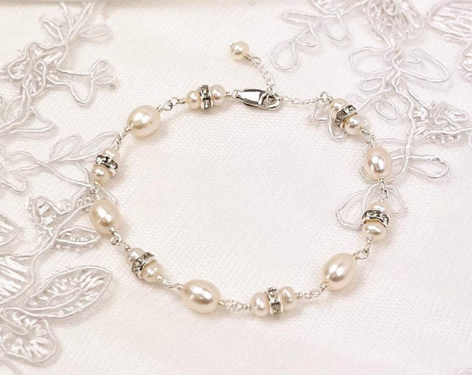 Freshwater Pearl Bracelet Austrian Crystal Gift for Bride Gold Silver