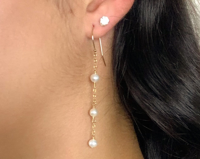 Freshwater Pearl Three Drops Earrings Chain Gold Silver