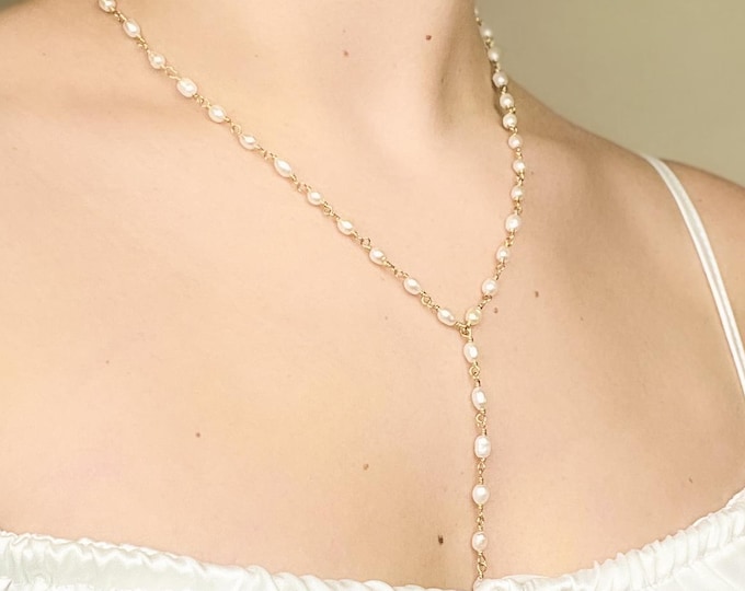 Gold Wedding Necklace Freshwater Pearl Lariat Bridal Shower Jewelry Gift