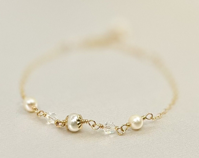 Austrian Crystal Cluster Bracelet Freshwater Pearl Gold Silver