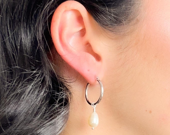Pearl Teardrop Hoop Earrings Crystal Made in Austria Gold Silver