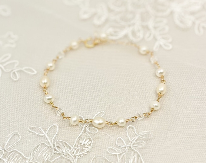 Bridesmaid Freshwater Pearl Beaded Bracelet Austrian Crystal Gold Silver